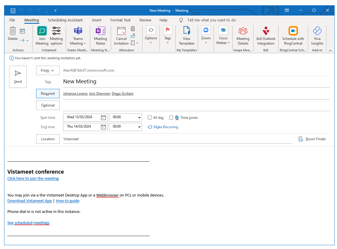 Outlook appointment with a VistaMeet invite link and text