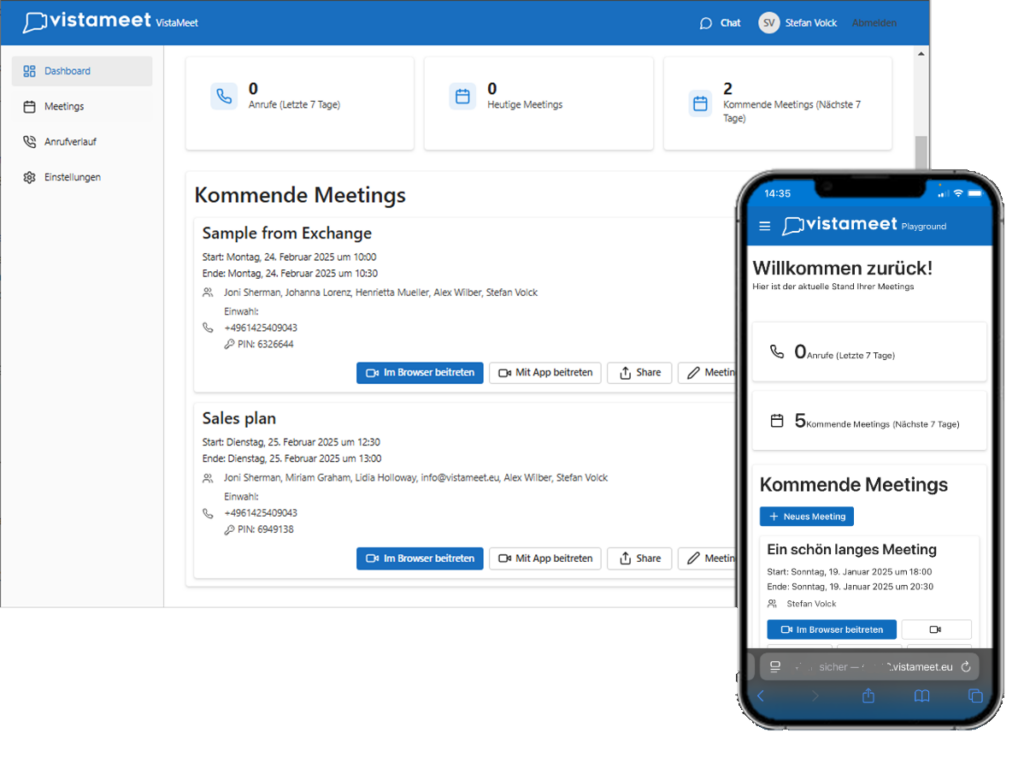 Desktop und Mobilscreen des Schedulers von VistaMeet mit anstehenden Terminen
